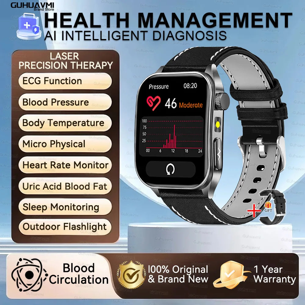 2025New 650nm Laser conditionnement verre saphir montre intelligente hommes ECG fréquence cardiaque Micro examen physique santé Smartwatch température