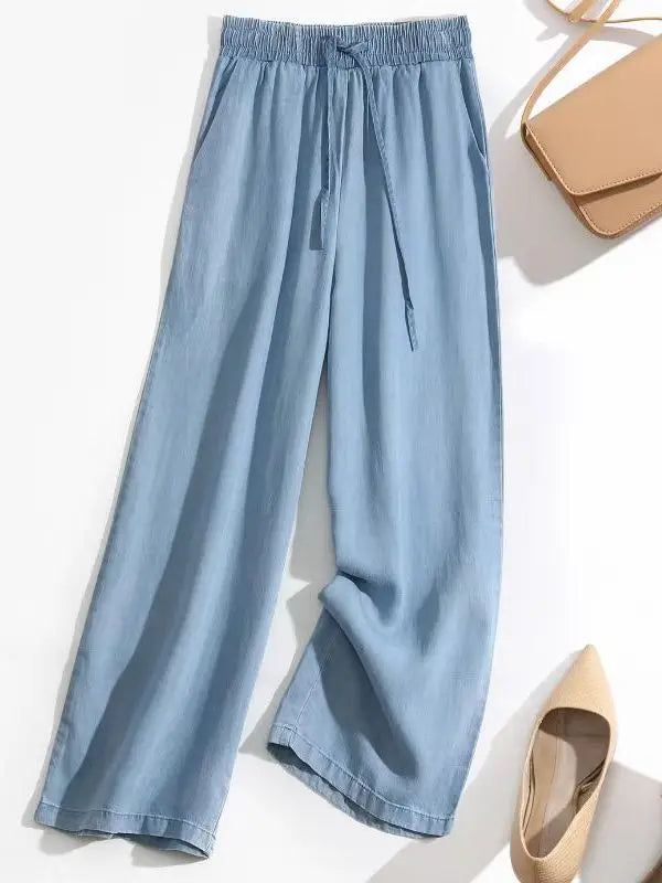 Jean d'été taille haute en soie glacée élastique, coupe droite, jambe large, pantalon ample pour femme, grandes tailles
