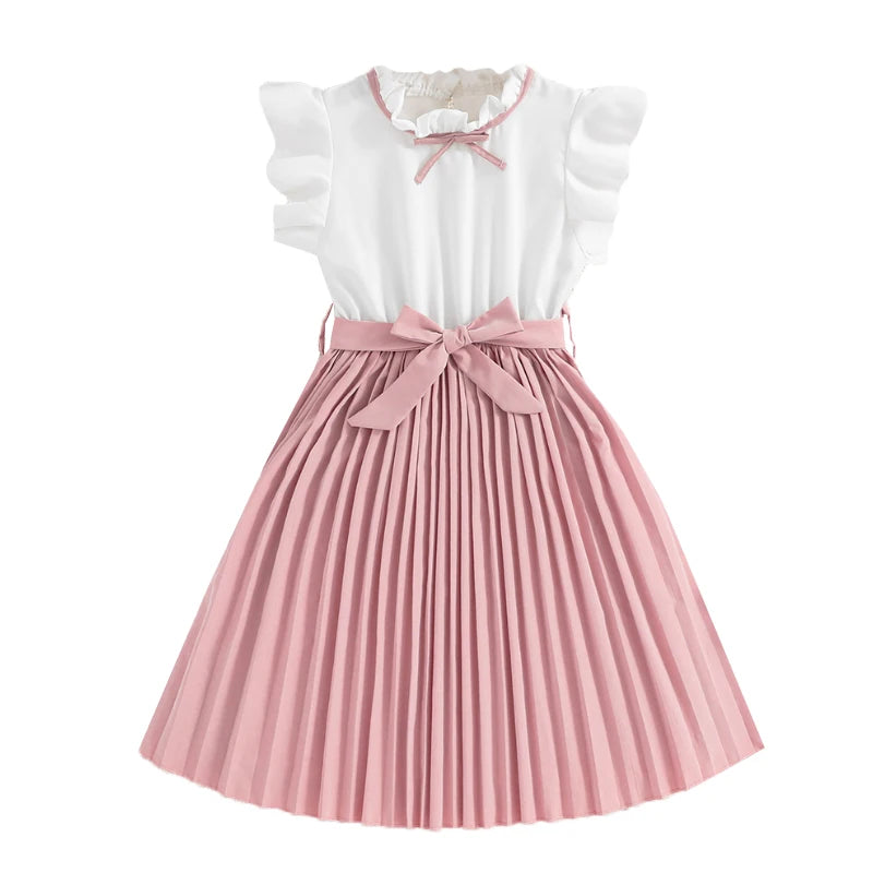Robe pour filles, manches pétales blanches, jupe kaki plissée et nœud papillon, Style Preppy, vêtements de fête d'anniversaire élégants pour 8 à 12 ans