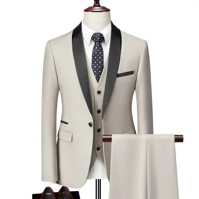 Ensemble de costume noir à revers pour hommes, manteau, gilet, pantalon/affaires pour garçons d'honneur, robe de mariée, pantalon Blazer Fprmal