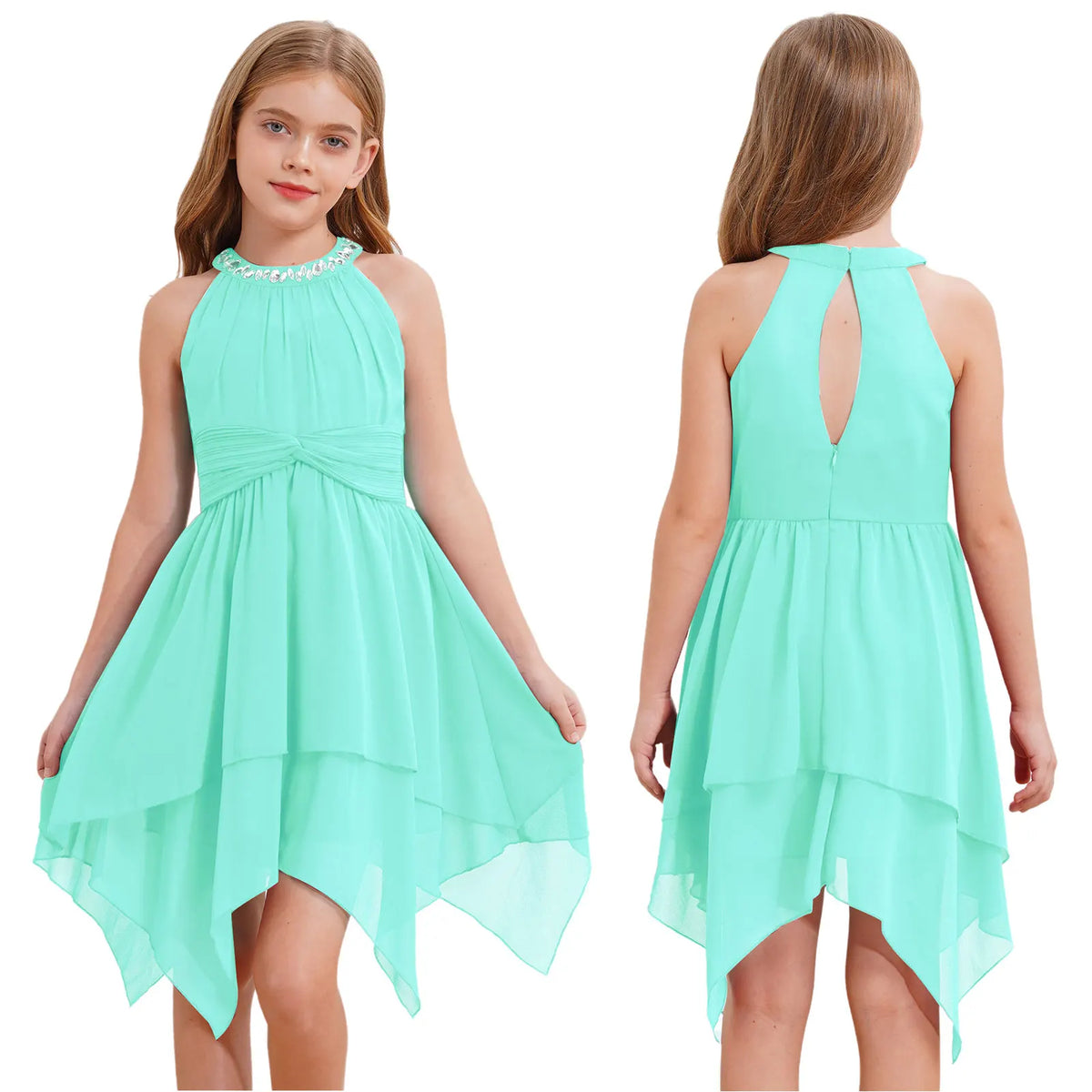 Robes d'été sans manches pour filles, col licou, en mousseline de soie, à volants, robe de soirée de mariage pour demoiselle d'honneur junior, robe irrégulière en Faux diamant