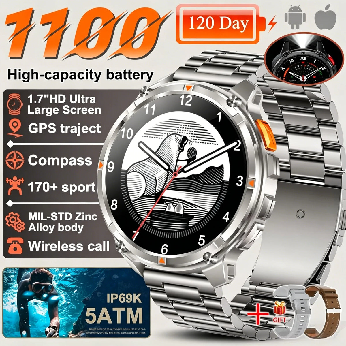 Nouvelle montre connectée T-REX3 Ultra avec batterie 1100mAh, étanche 10ATM, GPS, boussole, lampe de poche, écran AMOLED HD de 1,7 pouces, appels, montre connectée sport pour hommes