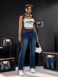 Pantalon en jean stretch taille haute pour femme, détails à double bouton, coupe confortable, jambe droite