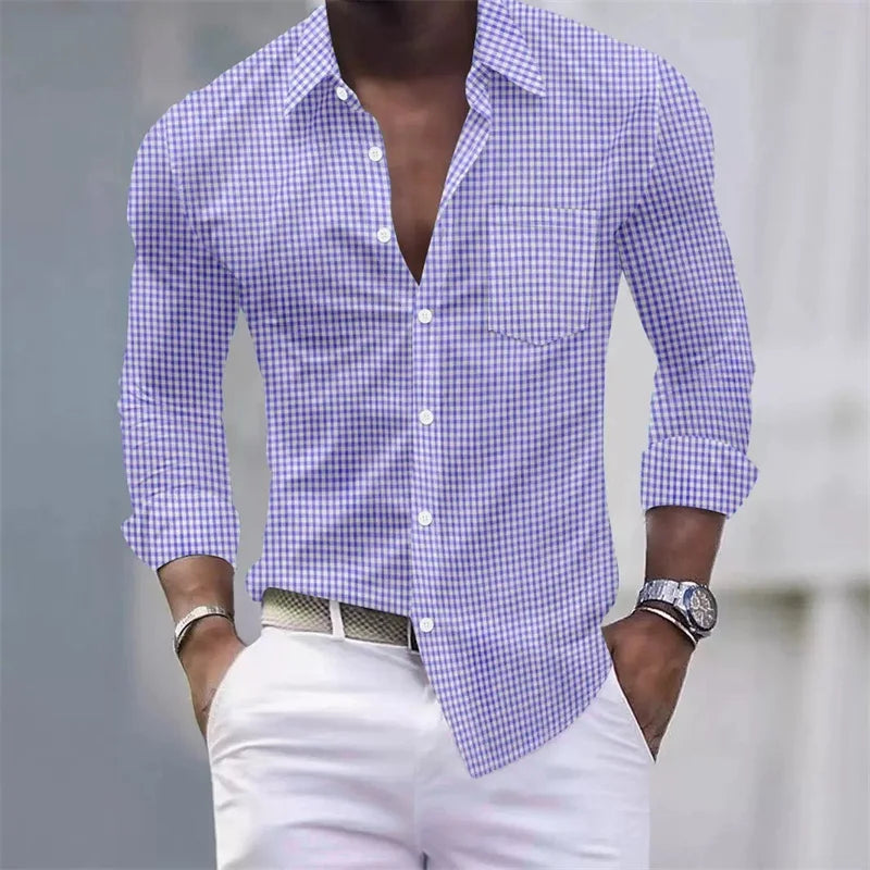 Chemise pour hommes 13 couleurs, chemise à manches longues à carreaux bleu clair et blanc, haut pour hommes coupe slim, décontracté, d'affaires et de déplacement.
