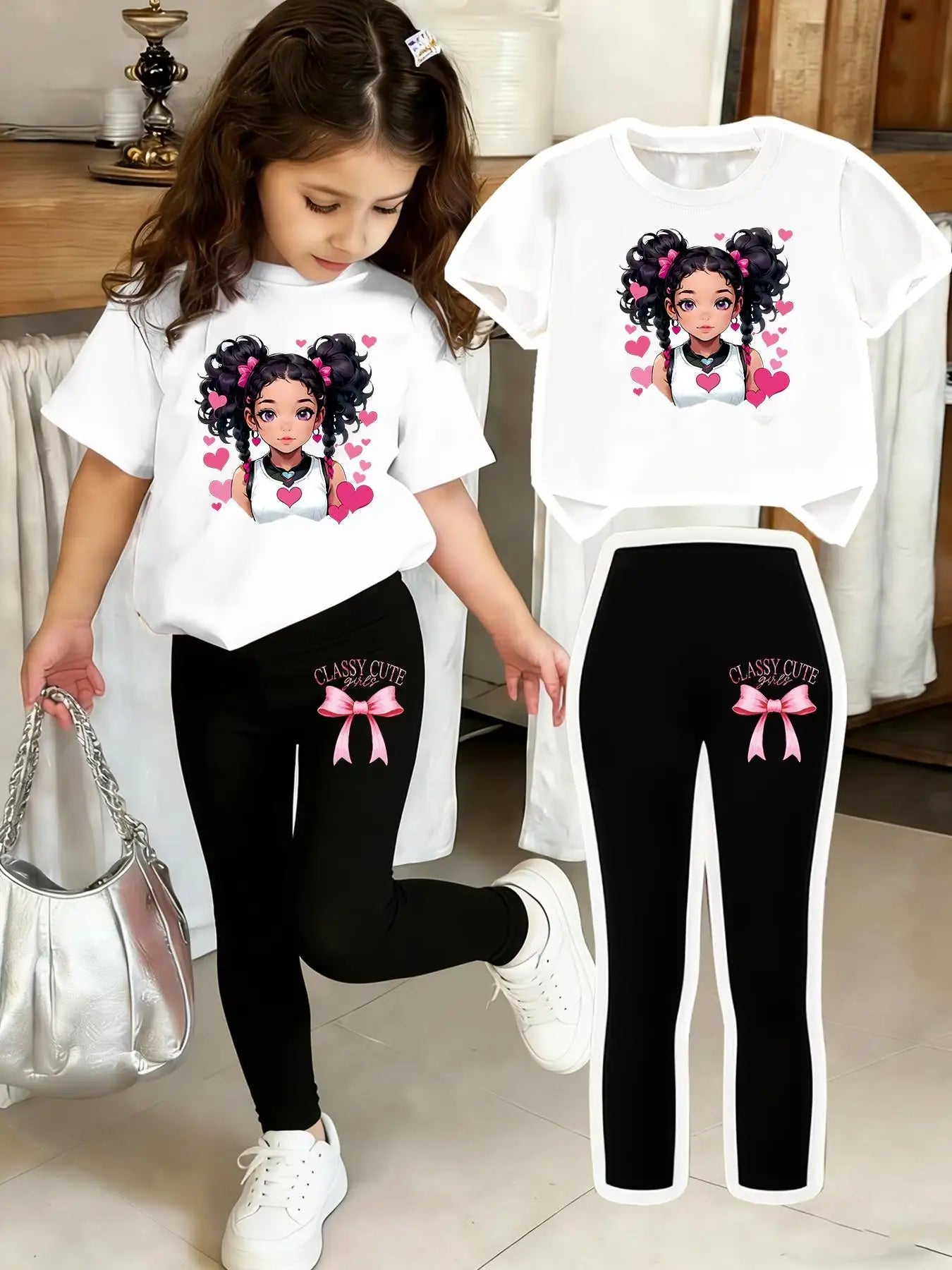 Ensemble à manches courtes pour filles : haut à manches courtes classique + leggings noirs, ensemble deux pièces avec pantalon imprimé à nœuds et haut imprimé, adapté aux enfants de 4 à 12 ans, tenue décontractée p