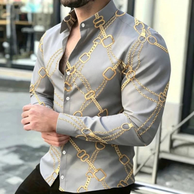 Chemise à manches longues pour homme avec imprimé chaîne dorée, style décontracté chic européen et américain pour jeunes, imprimé tendance pour homme, quotidien
