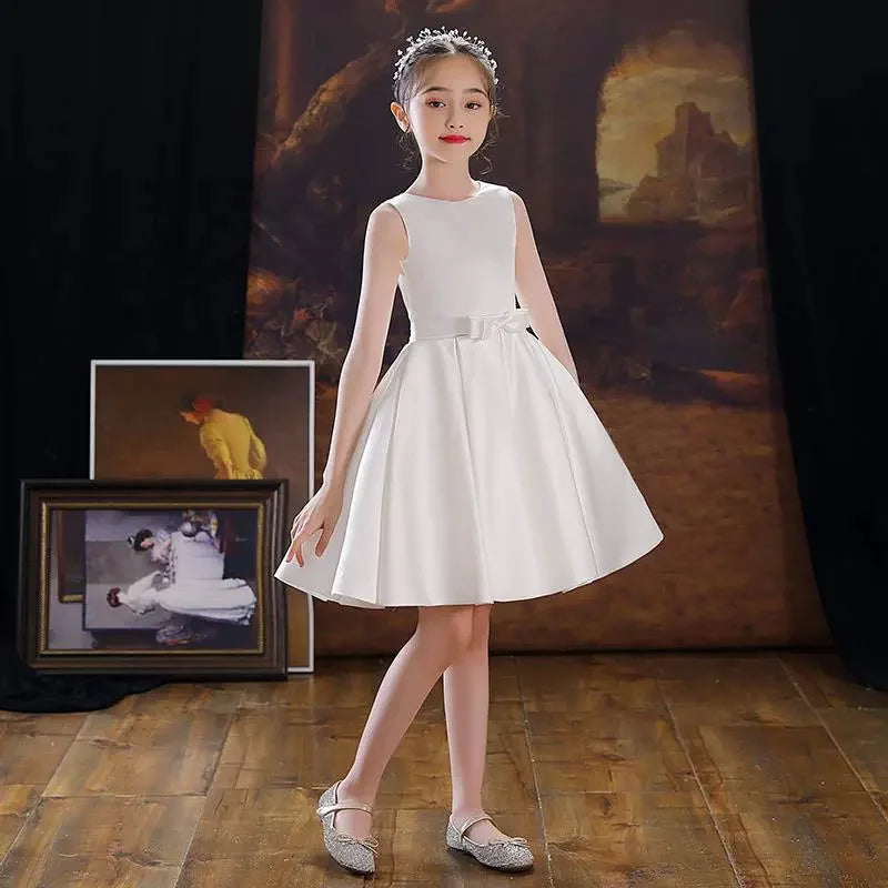 Robe de baptême en satin blanc, robe de mariée pour enfant, robe de soirée élégante pour filles, robe de princesse pour anniversaire, 4-12 ans
