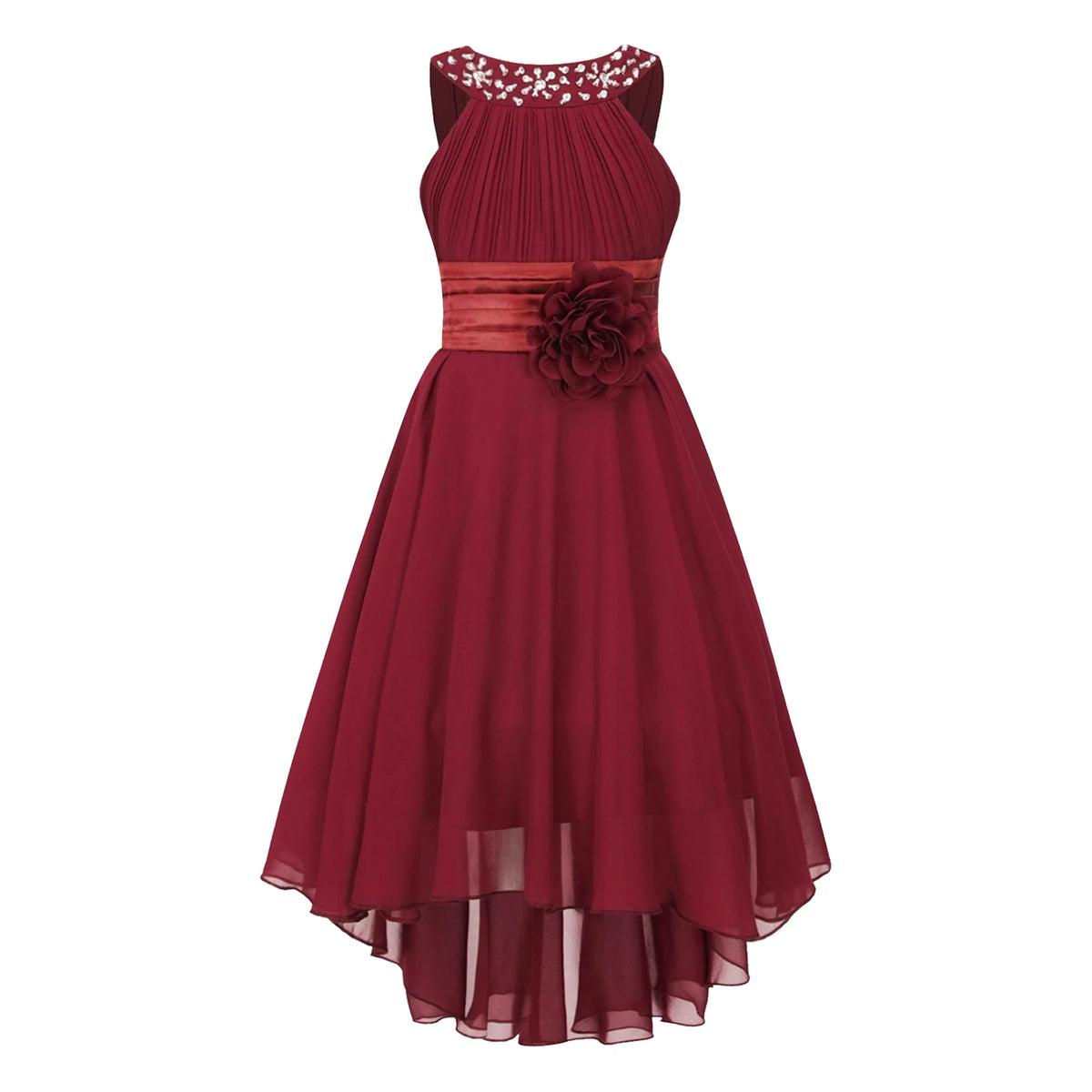 Robe de princesse à fleurs pour filles, robe formelle de demoiselle d'honneur junior, de fête de mariage, sans manches, froncée, jupe haute et basse en mousseline de soie, robes de bal