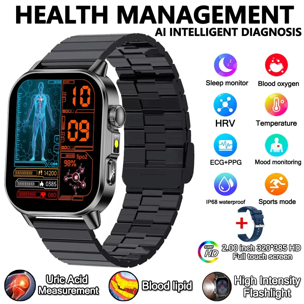 Montre connectée pour hommes et femmes, nouveau modèle d'analyse de la santé des acides uriques et des lipides, ECG + PPG, appel Bluetooth, lampe de poche 2026 pouces, 2.021