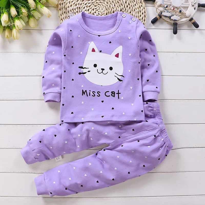 Vêtements de maison pour bébé fille, pyjama, pantalon long, t-shirt, sous-vêtements à motif de chat de dessin animé, ensemble de vêtements pour filles de 0 à 6 ans