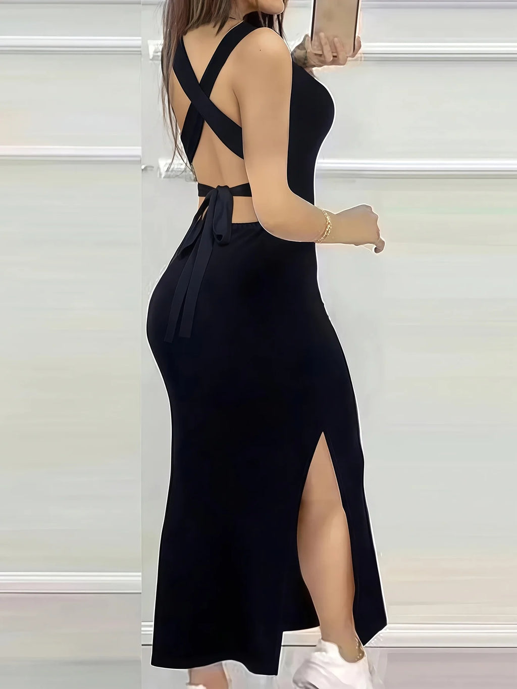 Robe sexy dos nu à bretelles croisées de couleur unie pour femmes, été