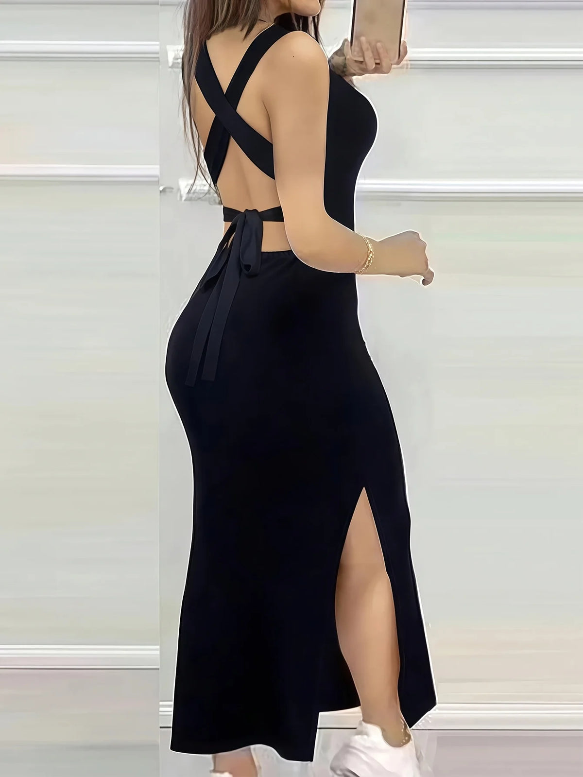 Robe sexy dos nu à bretelles croisées de couleur unie pour femmes, été