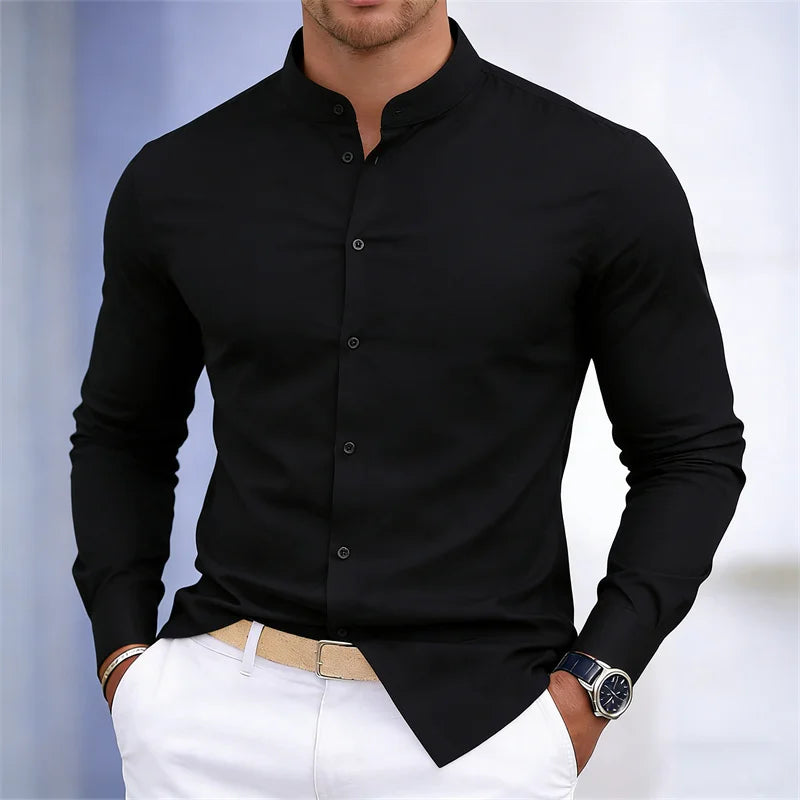 Chemise à manches longues pour homme, col montant, blanche ou noire, couleur unie, coupe ajustée, style business casual, tailles XS-6XL.