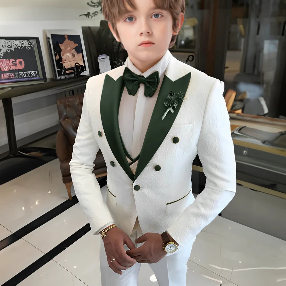 Costume Jacquard blanc pour garçons, costume trois pièces pour mariage, smoking pour enfants, nouveau Design, veste, pantalon, gilet, robe personnalisée, 2025