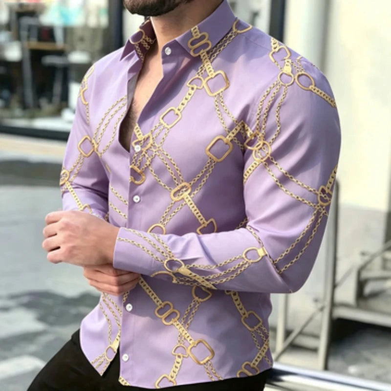 Chemise à manches longues pour homme avec imprimé chaîne dorée, style décontracté chic européen et américain pour jeunes, imprimé tendance pour homme, quotidien