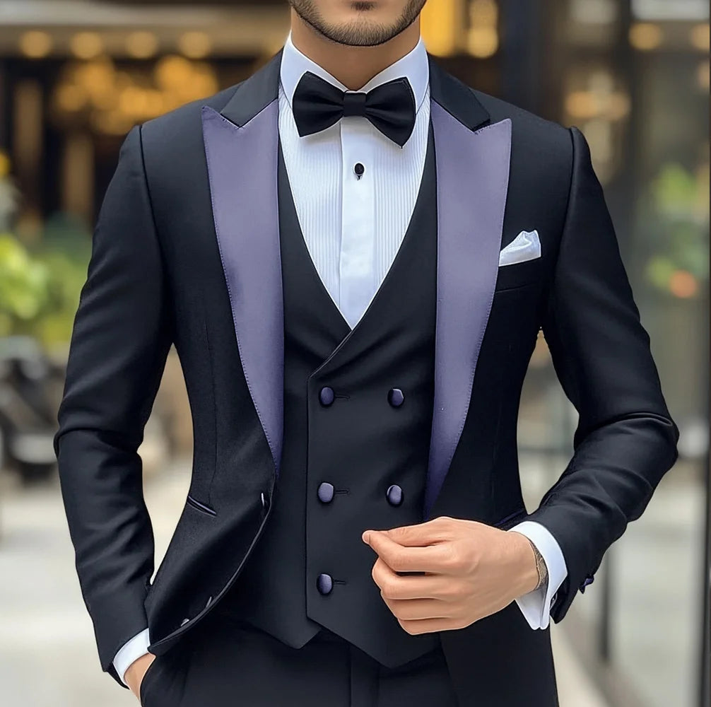 Costume 3 pièces de smoking de mariage pour marié, costume noir pour hommes, veste, pantalon, gilet formel, Blazer à revers, tenue cintrée