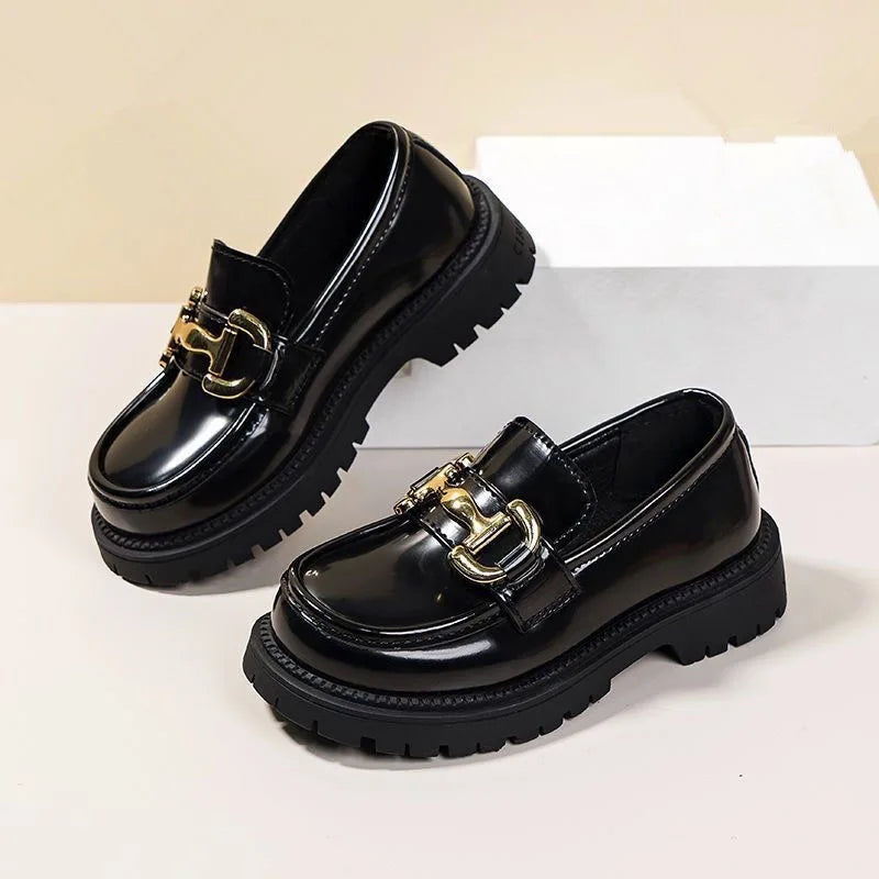 Laofers pour enfants plate-forme chaîne en cuir verni noir mode garçons filles chaussures plates quatre saisons élégantes 26-36 chaussures pour enfants