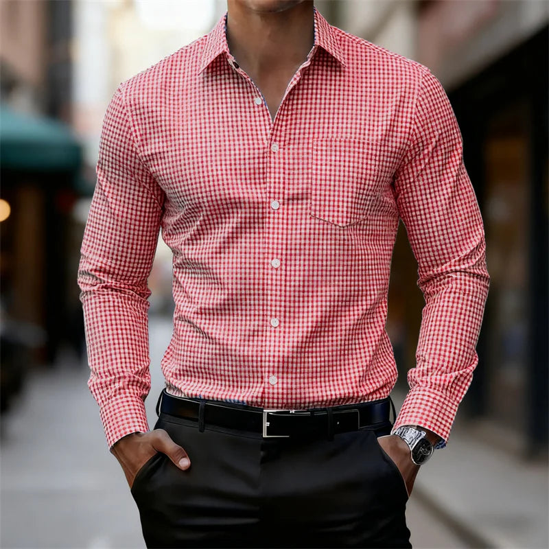 2025 Chemise à manches longues à carreaux fins bleu et blanc pour hommes d'affaires décontractée, coupe ajustée, chemise élégante pour hommes, disponible en 11 couleurs