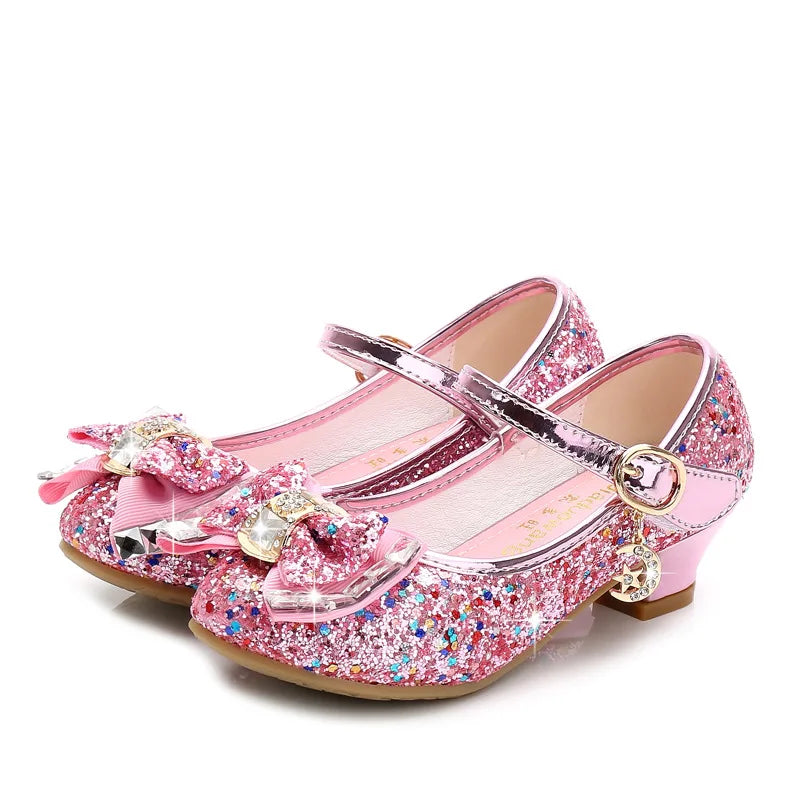 Chaussures princesse en cuir pour filles, chaussures à fleurs décontractées à paillettes, talons hauts, nœud papillon, bleu, rose, argent