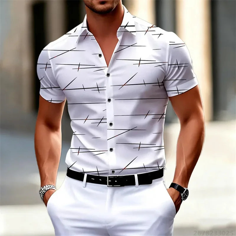 Chemise à manches courtes pour homme, 18 couleurs, nouvelle collection 2026, imprimé lignes géométriques, style urbain décontracté, col slim, tissu confortable