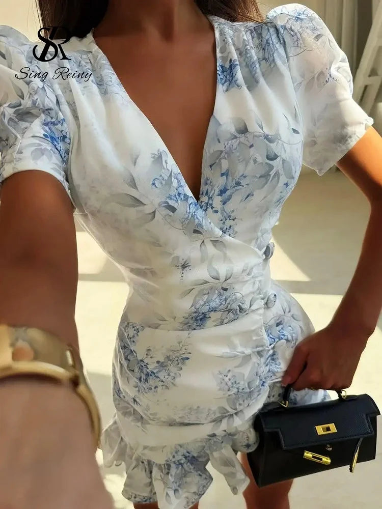 Robe Courte Élégante SINGREINY à Imprimé Floral pour Femme, Col en V, Manches Courtes, Volants, Robe d'Été Tendance 2026 pour Vacances