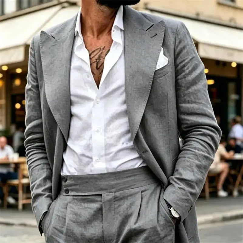 Ensemble de costume en lin 2 pièces pour homme – Coupe ajustée décontractée légère pour l'été – Blazer et pantalon pour la plage, mariage, bal de promo, soirée