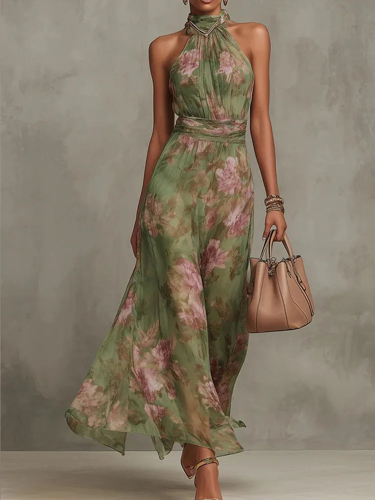 Robe de soirée fluide en mousseline de soie sans manches à col montant et taille froncée DFCF Fashion, nouvelle robe longue à imprimé floral et dos nu pour femme 2026