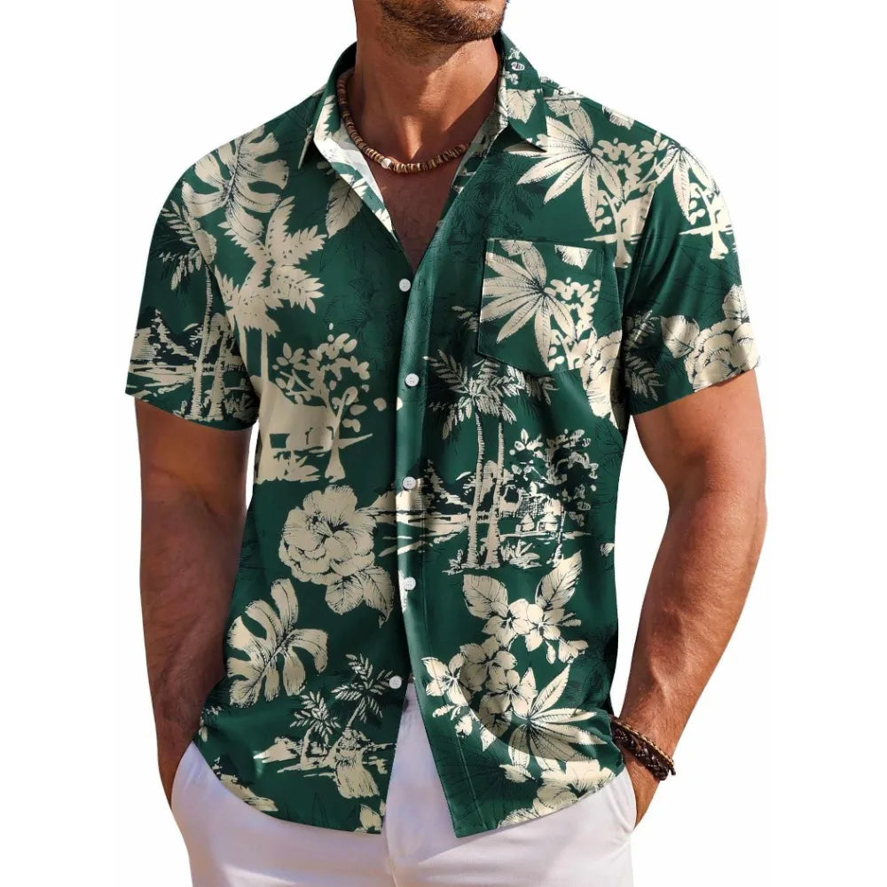 Men's Short Sleeve Shirt Hawaiian Botanical Flower Print Lapel Seaside Button-Down Shirt Top Casual Fashionable Shirts