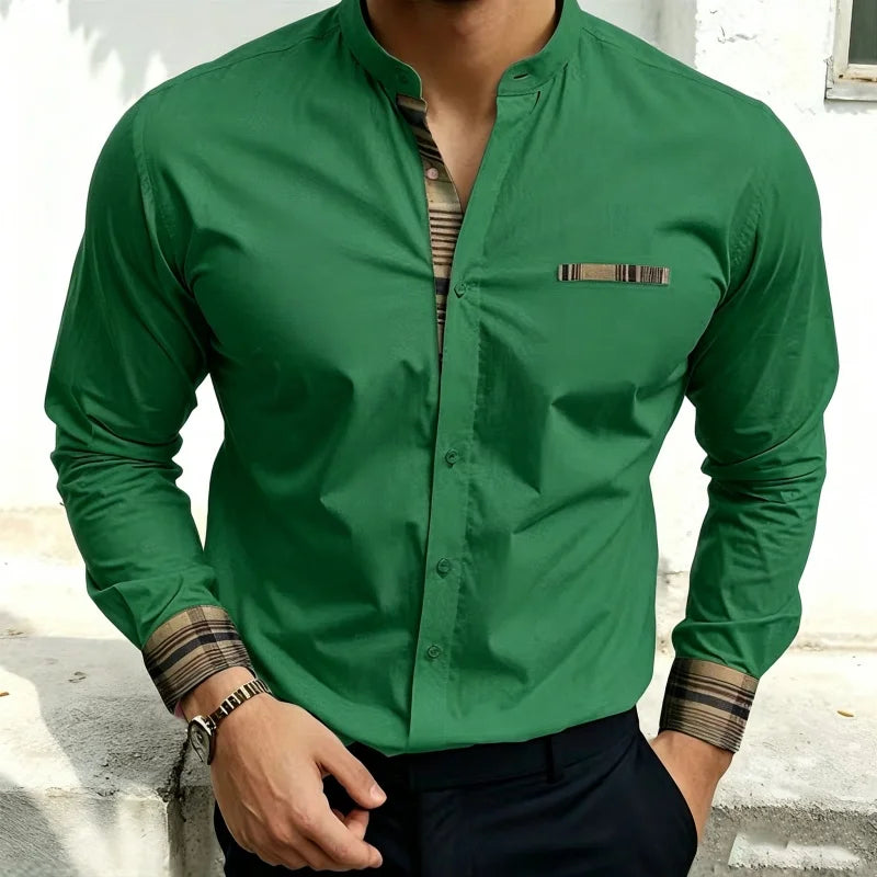 Chemise blanche à col montant pour homme, nouvelle collection, avec coutures à carreaux rétro, texture légère et luxueuse, haut à manches longues style business casual, tailles XS-6XL
