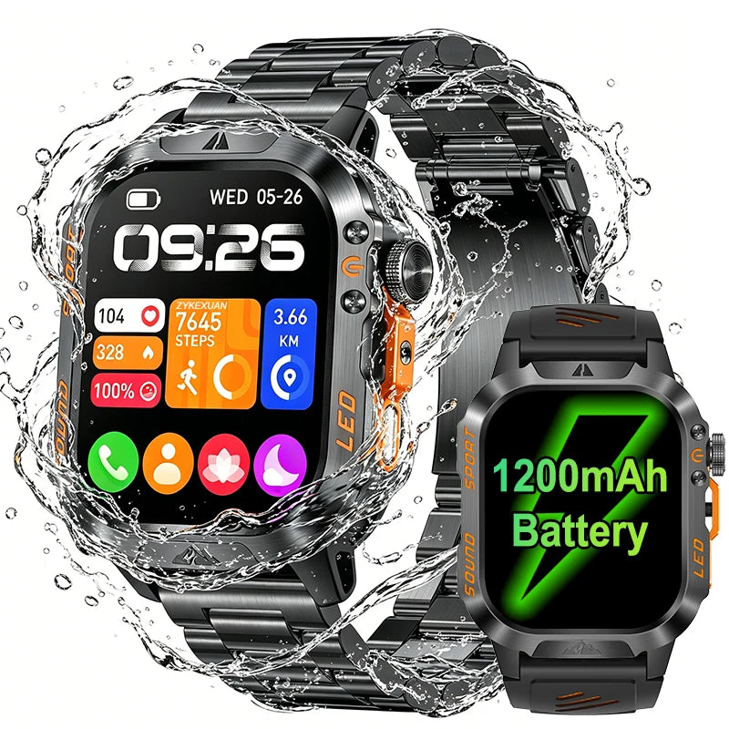 Nouvelle montre connectée militaire 2026 pour hommes, batterie 1200 mAh, étanche 5ATM, suivi d'activité, santé, fréquence cardiaque, compatible iOS et Android