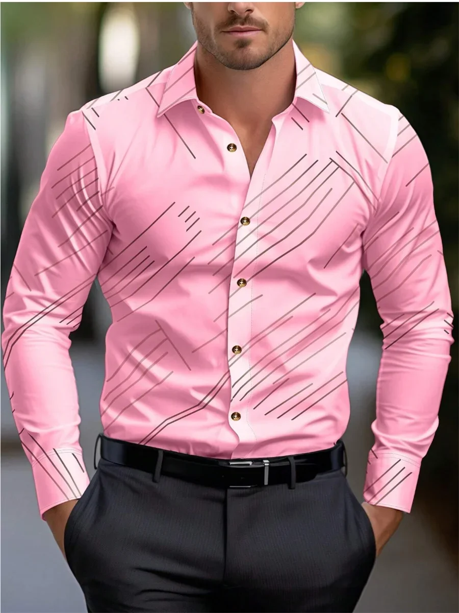 Costume chemise rose noir blanc décontracté extérieur couleur unie rayé confortable doux revers hommes hauts bureau grande taille 2024