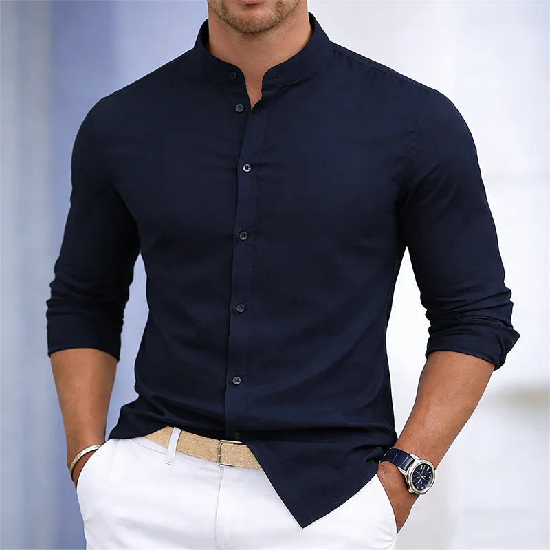 Chemise à manches longues pour homme, col montant, blanche ou noire, couleur unie, coupe ajustée, style business casual, tailles XS-6XL.