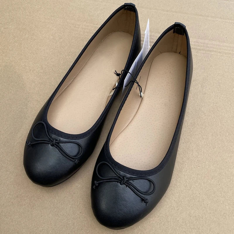 Ballerines élégantes à nœud papillon, chaussures classiques à bout rond, mocassins confortables à enfiler pour dames, Mules en cuir, printemps 2026