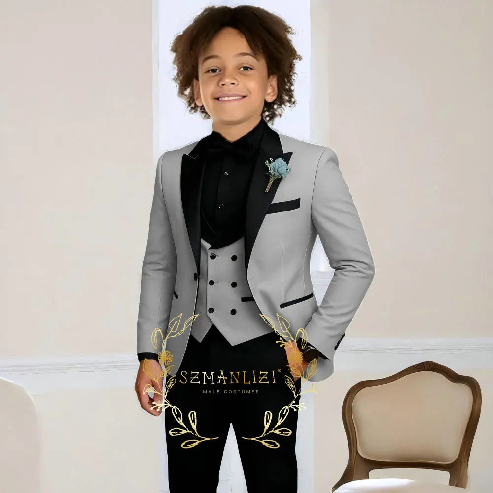 Costume de smoking de mariage pour garçons, 3 pièces, veste à col à visière, pantalon, gilet, ensemble Blazer formel pour enfant, tenue cintrée, costume garcon mariage