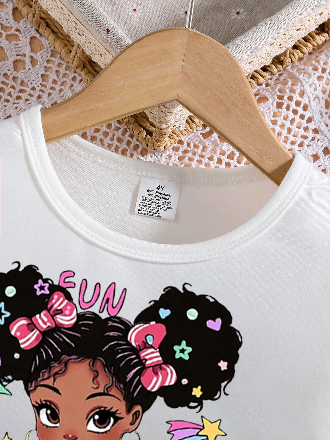 Ensemble de mode pour filles, avec col rond blanc, imprimé de dessin animé, manches longues et pantalon amincissant de couleur unie, deux pièces, printemps et automne