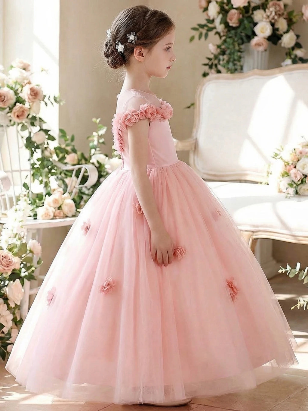 Robe de princesse florale pour adolescentes, ornée de fleurs 3D, confectionnée en tulle luxueux, idéale pour les fêtes et les mariages