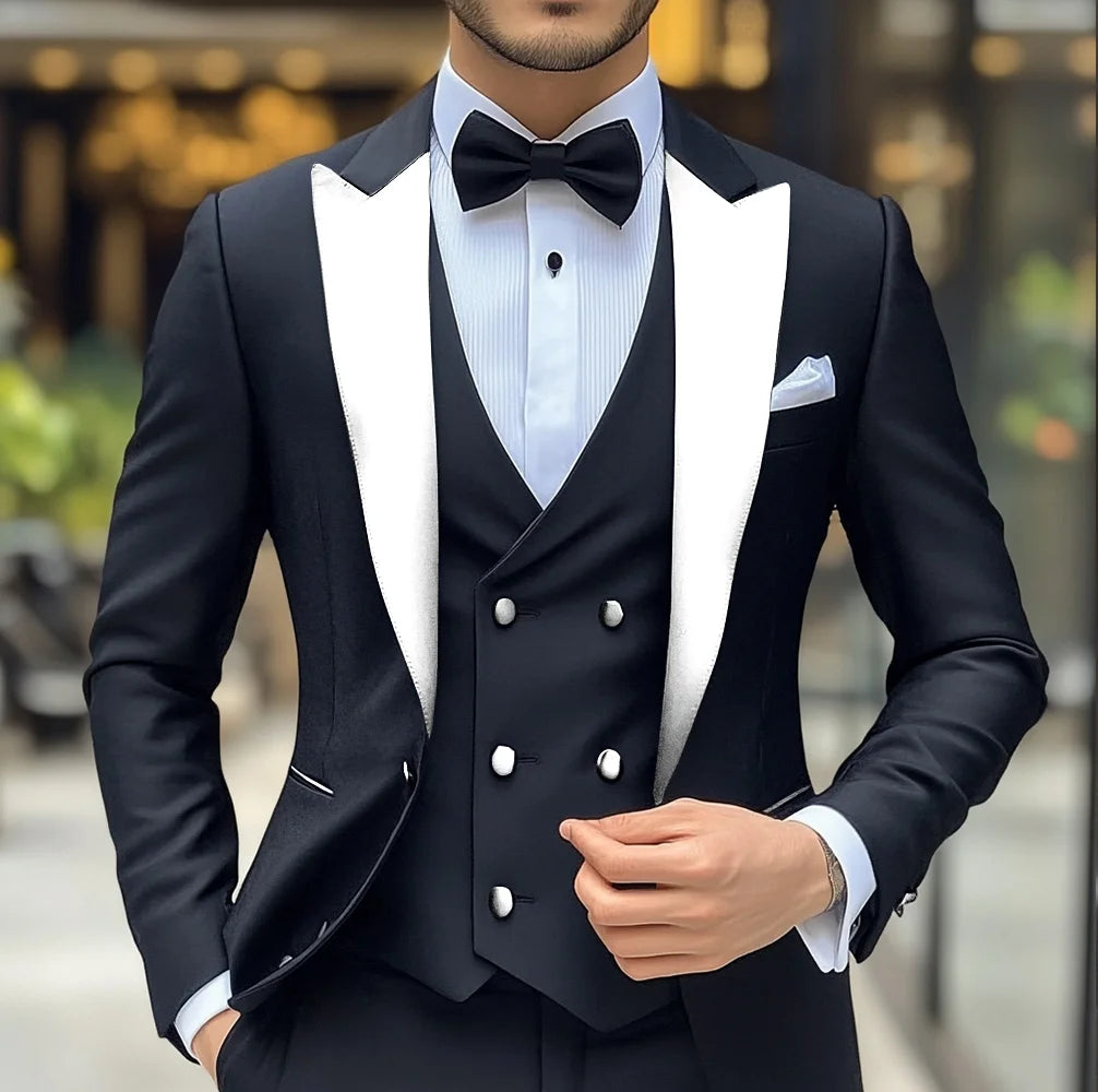 Costume 3 pièces de smoking de mariage pour marié, costume noir pour hommes, veste, pantalon, gilet formel, Blazer à revers, tenue cintrée