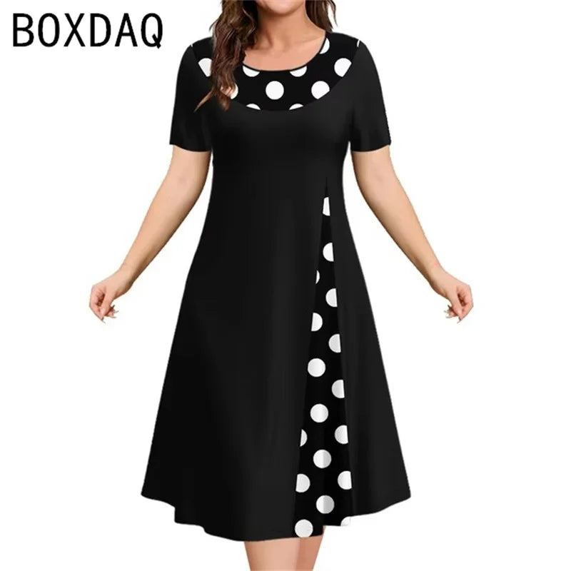 Robe Vintage à Carreaux Imprimés Noirs et Blancs pour Femme, Manches Courtes, Col Rond, Trapèze, Grande Taille 3XL, Élégante, Éducative, Été