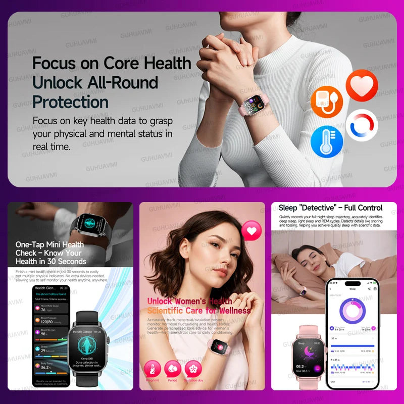 Montre connectée intelligente 2026 pour la santé des femmes, diagnostic précis, ECG+HRV, tension artérielle, oxygène sanguin, acide urique, fréquence cardiaque, appels Bluetooth