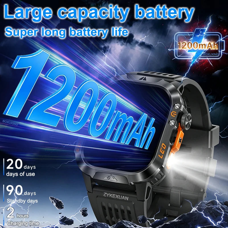 Nouvelle montre connectée militaire 2026 pour hommes, batterie 1200 mAh, étanche 5ATM, suivi d'activité, santé, fréquence cardiaque, compatible iOS et Android