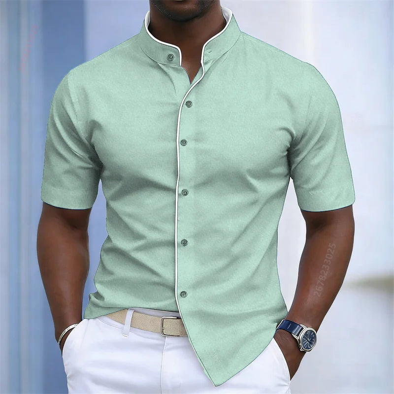 Chemise d'été pour homme à col montant et manches courtes, 20 couleurs, design color block tendance, coupe ajustée, chemise décontractée pour affaires, tailles XS-6XL