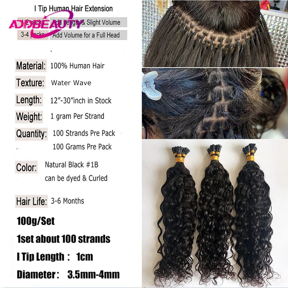 Extensions de cheveux ITip vague d'eau Extensions de cheveux humains Addbeauty bouclés kératine Capsule cheveux Extensions de cheveux de Fusion naturelle Ombre
