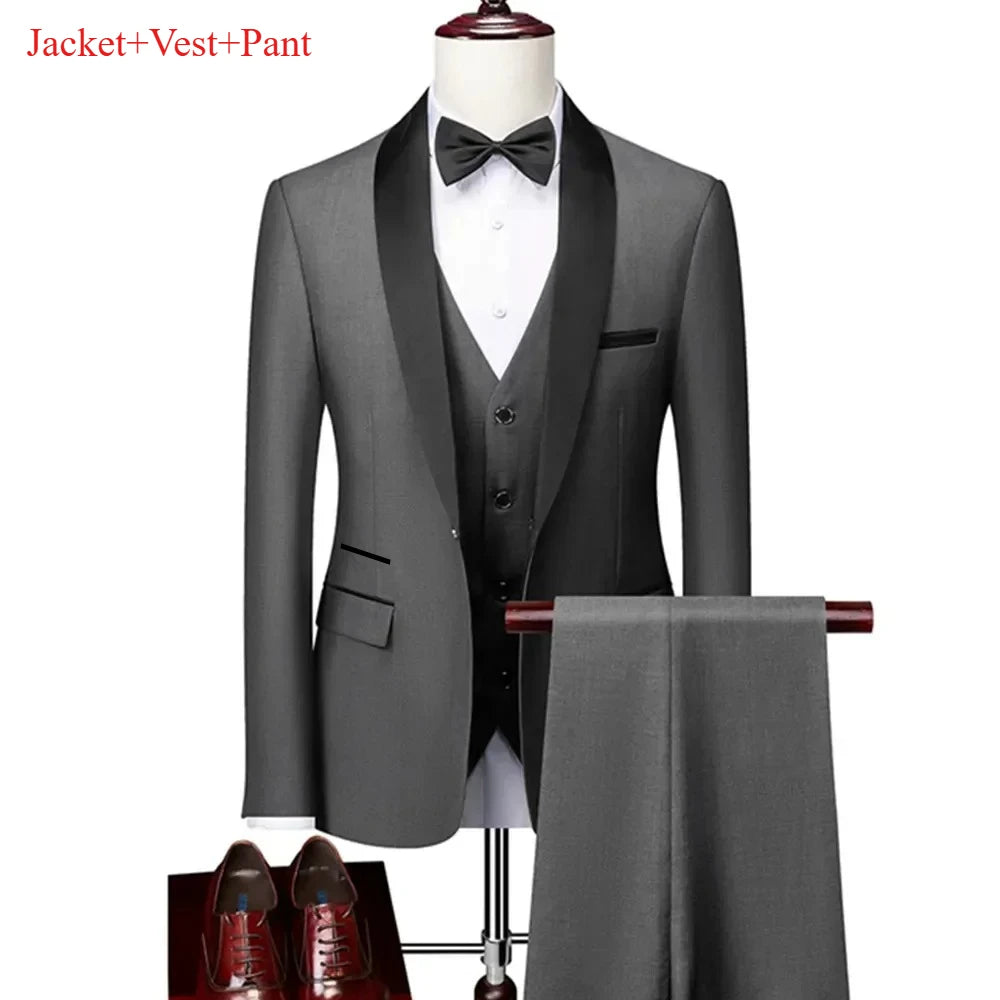 Ensemble de costume noir à revers pour hommes, manteau, gilet, pantalon/affaires pour garçons d'honneur, robe de mariée, pantalon Blazer Fprmal