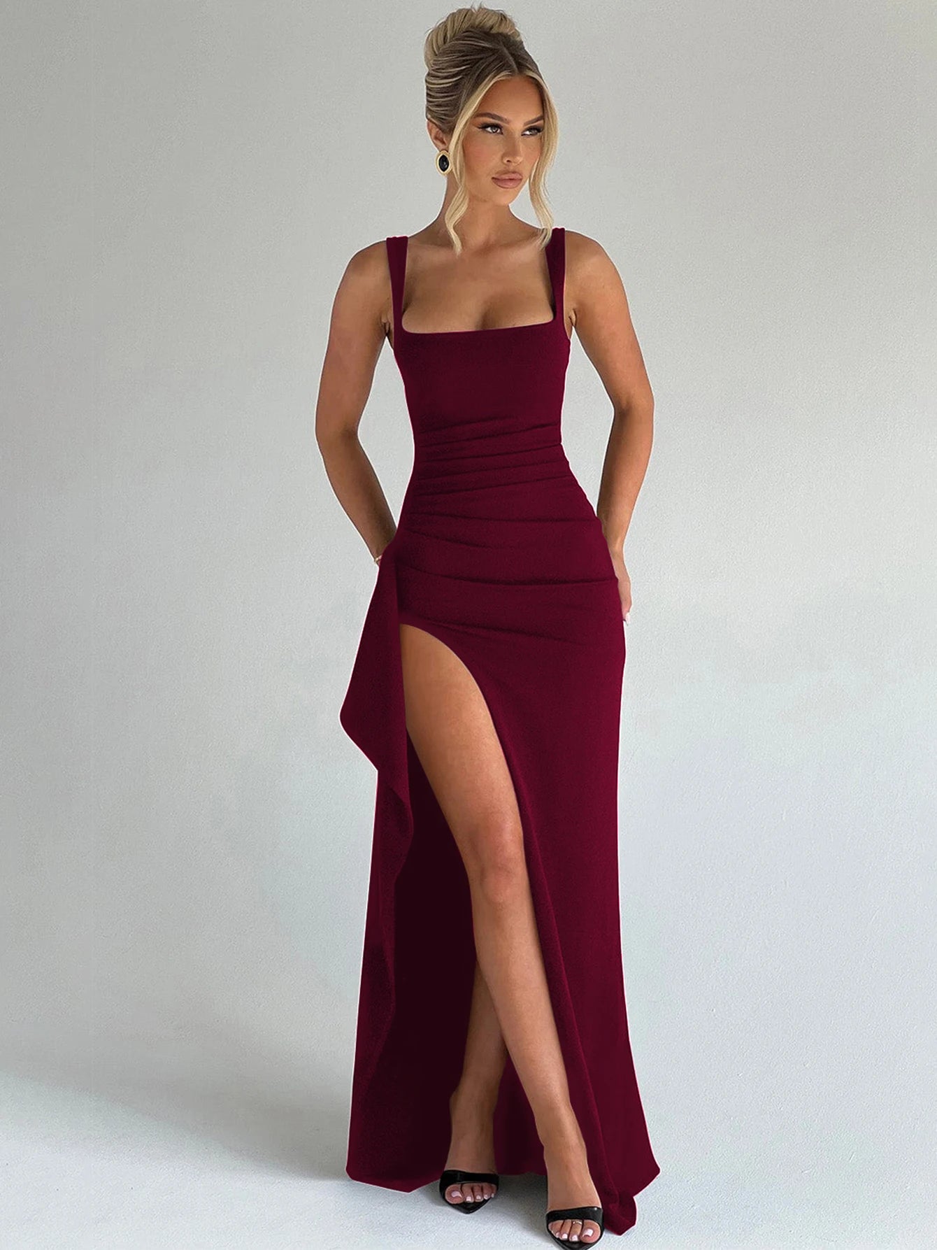 Hugcitar femmes élégant solide bretelles fente froncé Patchwork Sexy moulante Maxi robe tenues d'été soirée fête anniversaire Festival