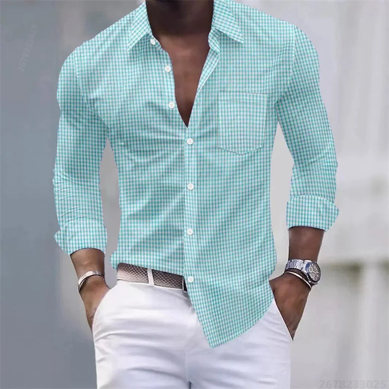 Chemise pour hommes 13 couleurs, chemise à manches longues à carreaux bleu clair et blanc, haut pour hommes coupe slim, décontracté, d'affaires et de déplacement.