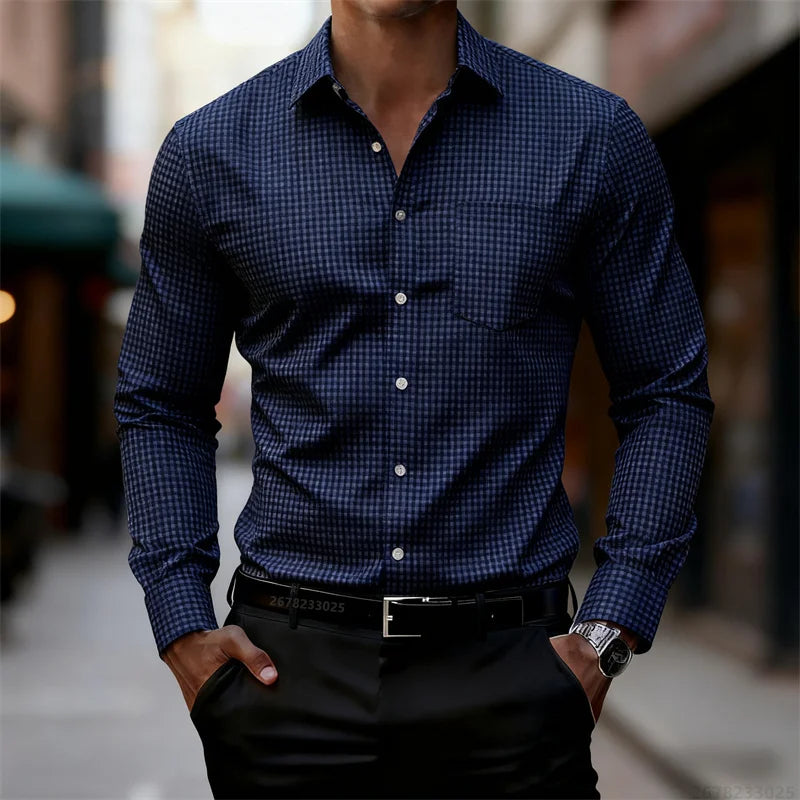 2025 Chemise à manches longues à carreaux fins bleu et blanc pour hommes d'affaires décontractée, coupe ajustée, chemise élégante pour hommes, disponible en 11 couleurs
