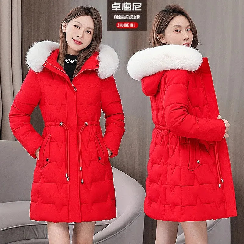 Veste longue en duvet Ctton pour femme avec ceinture, Parka optique blanche, à lacets, mince, haut de gamme, hiver, nouveau, 2023