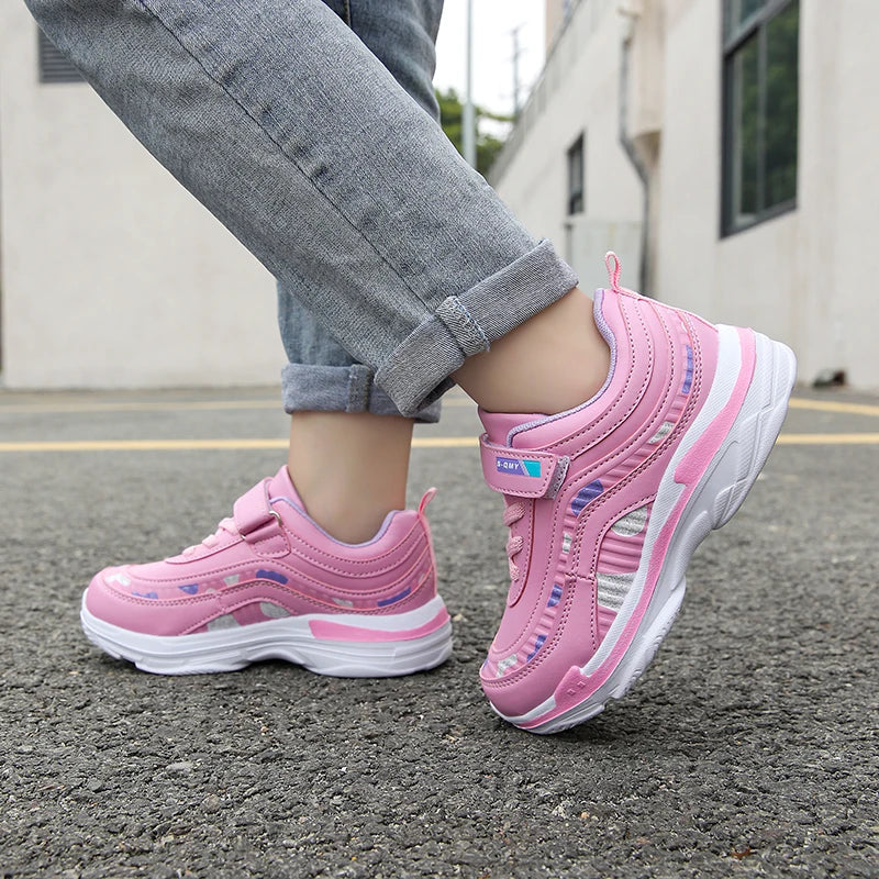 Chaussures de sport imperméables pour filles, baskets décontractées en cuir, roses, respirantes, coordonnantes, légères, à la mode, pour enfants