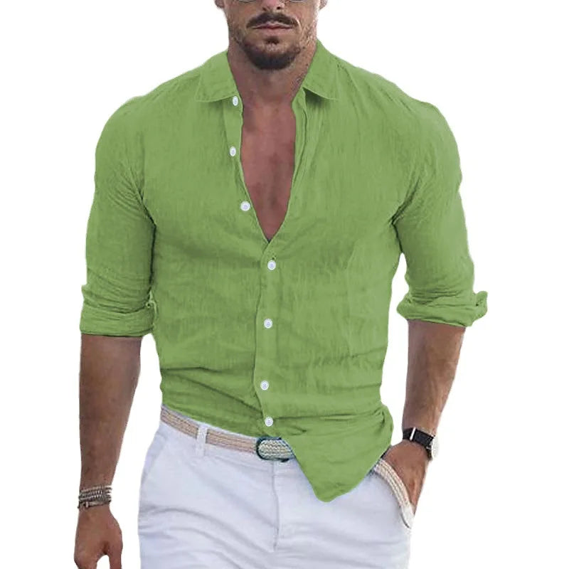 Chemisier hommes nouvel été coton lin revers plage chemise col rabattu à manches longues couleur unie vacances blusas camisas YRW5899