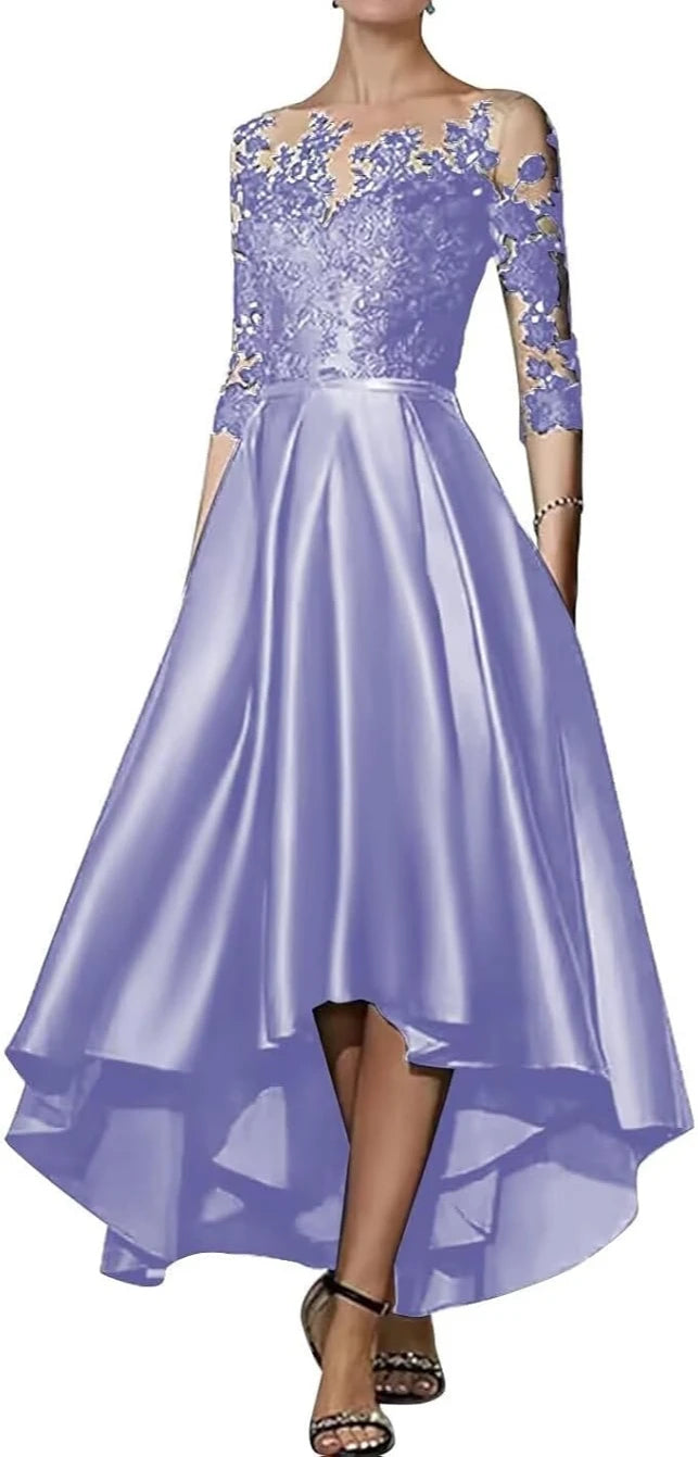 Robe en satin à col en V pour mère de la mariée, robe trapèze élégante longueur thé, devant court, dos long, invité de mariage
